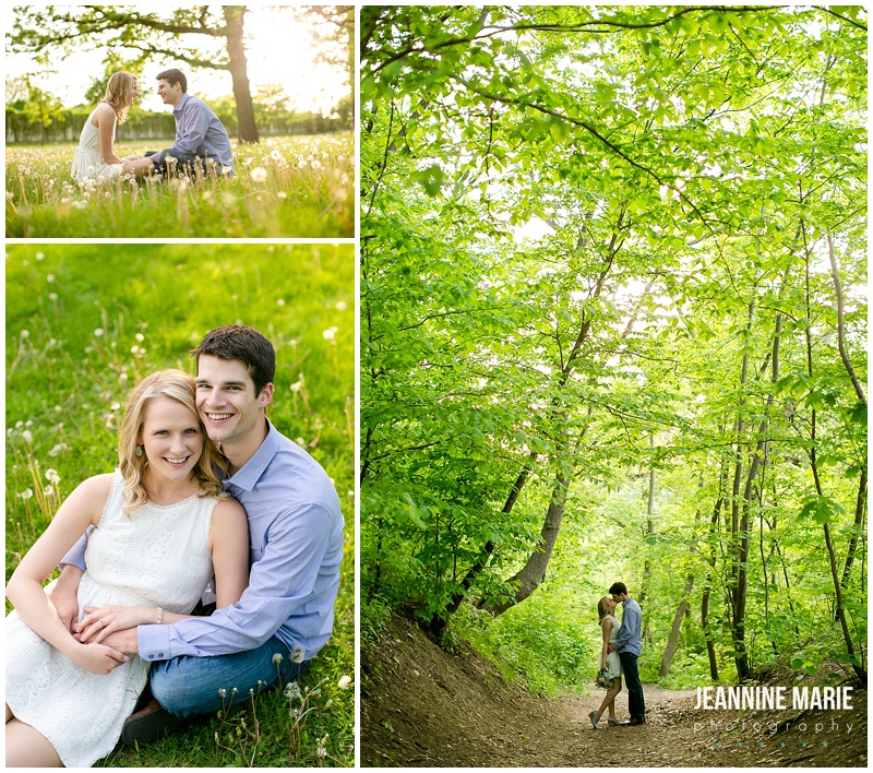 Minnehaha Falls, couple, poses, engagement session, engaged, engagement photos, trees, kiss, sitting, field, dandelions