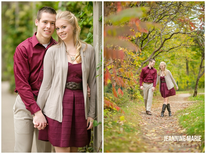 Minnehaha Falls, fall engagement, engagement session, cranberry dress, engagement outfit, outside, trees, fall colors