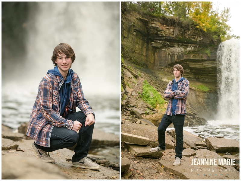 Minnehaha Falls, waterfall, outdoors, senior portraits, senior sessions, boy, high school senior, plaid shirt