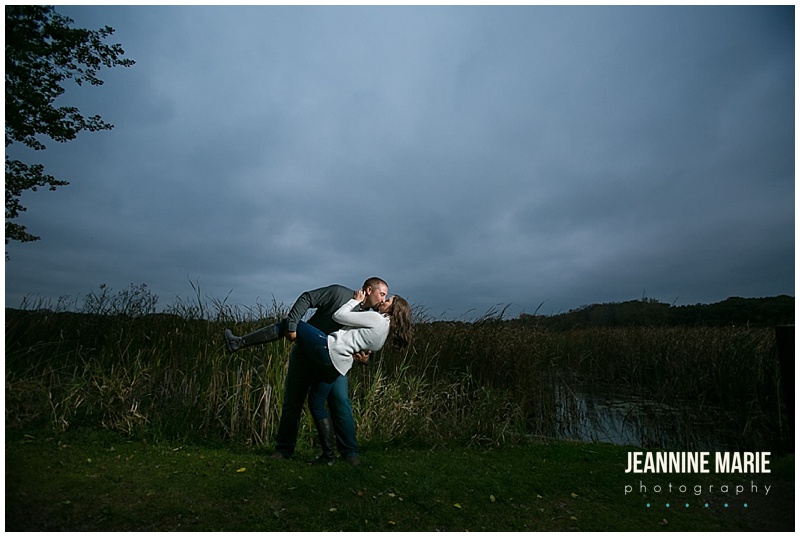Ritter Farm Park, night shot, couple, dip, kiss, grass, engaged, engagement session