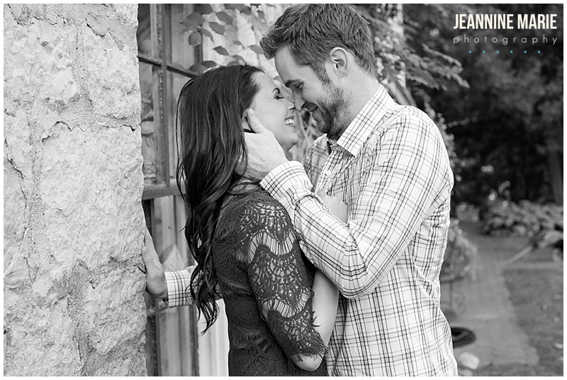 Schells Brewery, New Ulm, black and white photo, brick wall, couple, black and white photo, engagement session, portraits