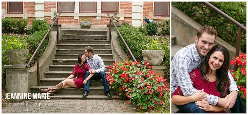 Schells Brewery, stairs, couple, red dress, boots, engagement session, engaged, engagement outfit, engagement, Minnesota