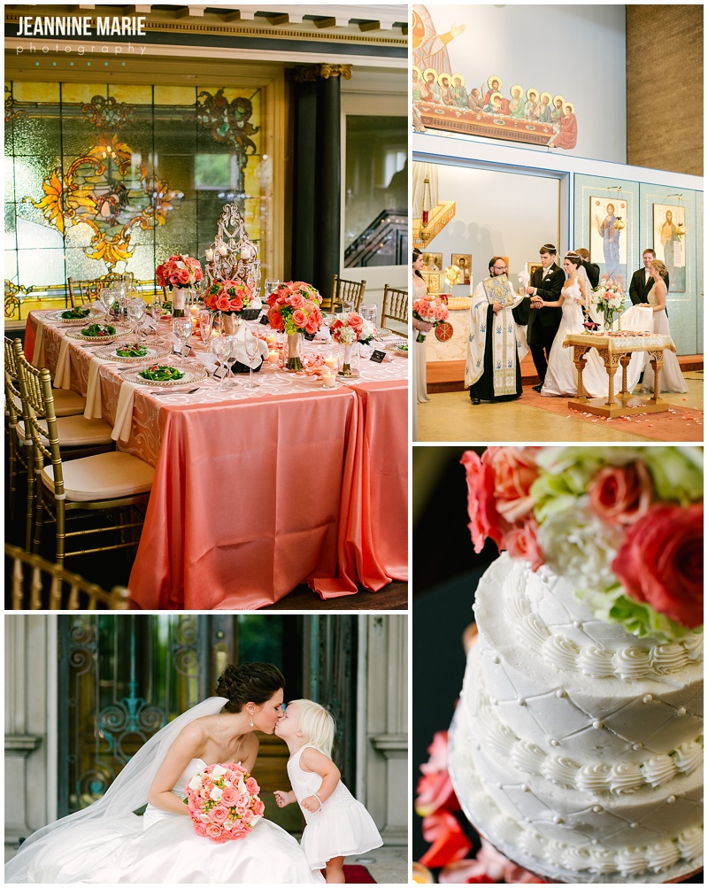 Semple Mansion, Greek Orthodox wedding, pink wedding, weddings, cake, bride, flower girl, ceremony, reception, head table, wedding decorations, centerpieces