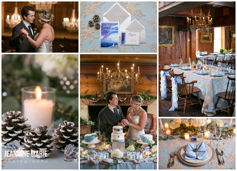 The Outing Lodge, Winter wonderland, winter wedding, pinecones, candles, bride, groom, couple, poses, centerpieces, table, head table, reception, dessert table, cake
