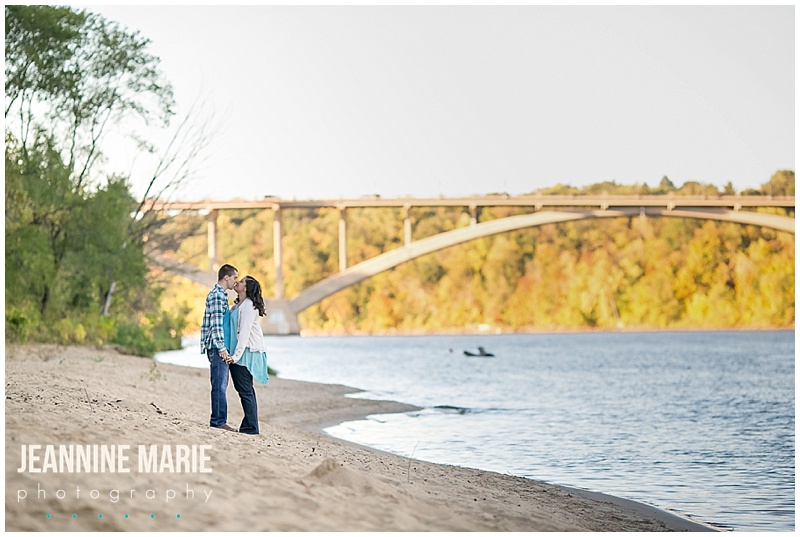 engaged, engagement session, bridge, fall leaves, trees, lake, beach, couple, engagement photographer