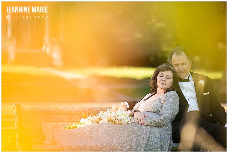 University of St. Paul, yellow light, bride, groom, sitting, bench, wedding