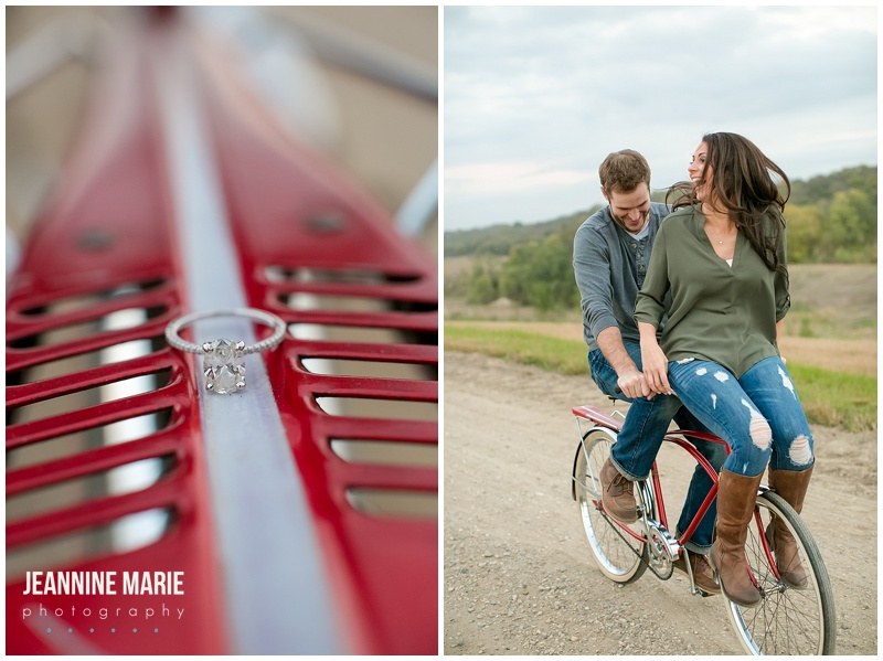 Schells Brewery, red, bike, ring, ring shot, red bike, couple, engaged, engagement, engagement session, poses, portraits, fun ideas for engagement session