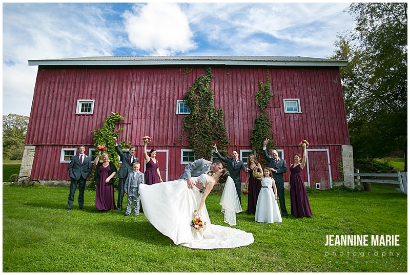 Hope Glen Farm, bridal party, red barn, fall wedding, weddings, bride, groom, group poses, wedding poses, poses, bridesmaids, groomsmen, purple bridesmaids dresses, gray suits