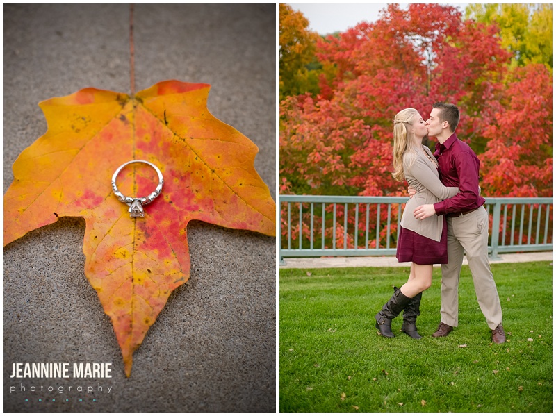 Minnehaha Falls, Minnesota, fall colors, fall leaves, ring, ring shot, engaged, engagement session