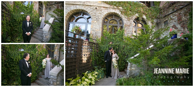 University of St. Paul Club, bride, groom, first look, garden, building, greenery