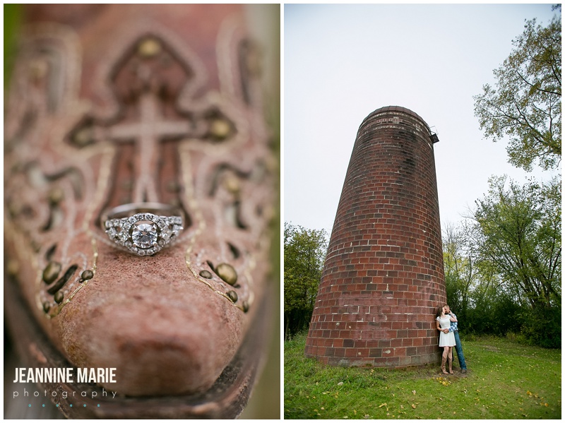 Ritter Farm Park, engagement session, portraits, engaged, ring, ring shot, cowgirl boots, tower, man, woman, plaid shirt, white dress