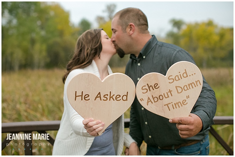 Ritter Farm Park, engaged, engagement session, signs, He Asked, She said about damn time, kiss, couple, engagement photos