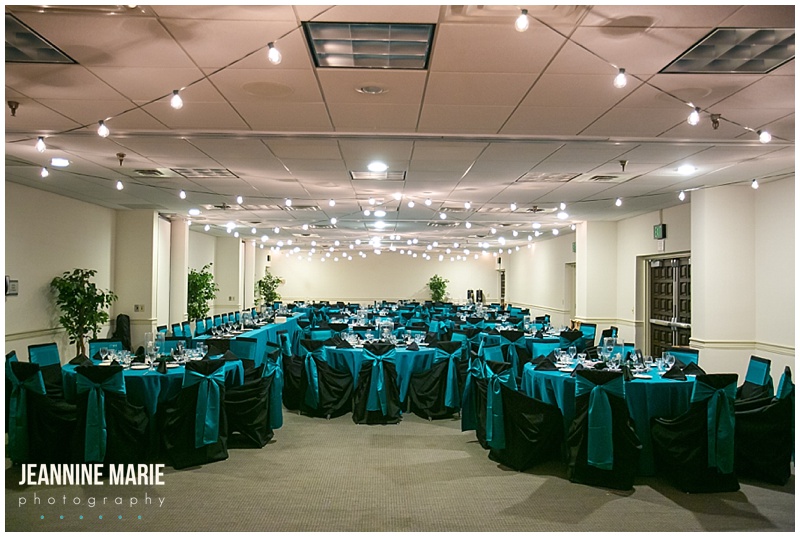 Embassy Suites, reception, wedding, black and blue wedding, guest tables, centerpieces