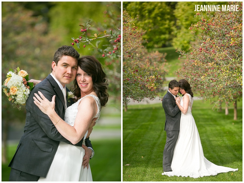 Lakewood Memorial Chapel, fall wedding, bride, groom, trees, wedding gown, bridal bouquet, suit