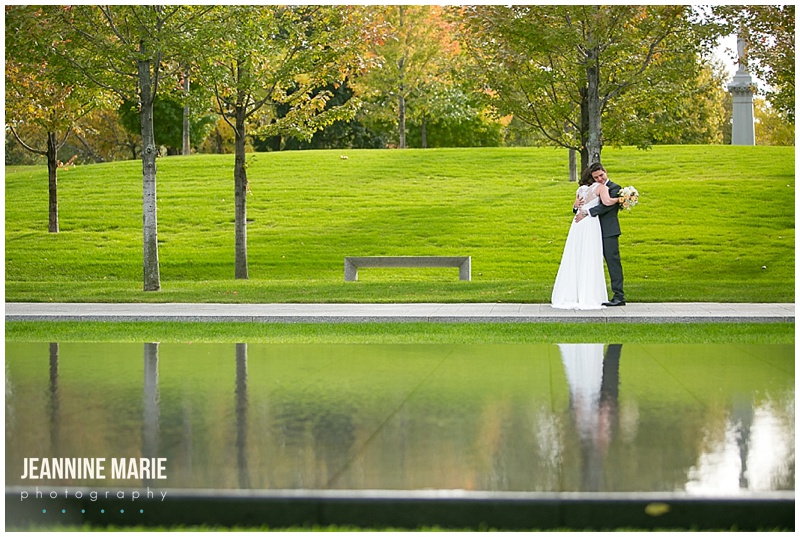 Lakewood Memorial Chapel, green, pond, grass, trees, outside, couple, bride, groom, hug, first look, wedding