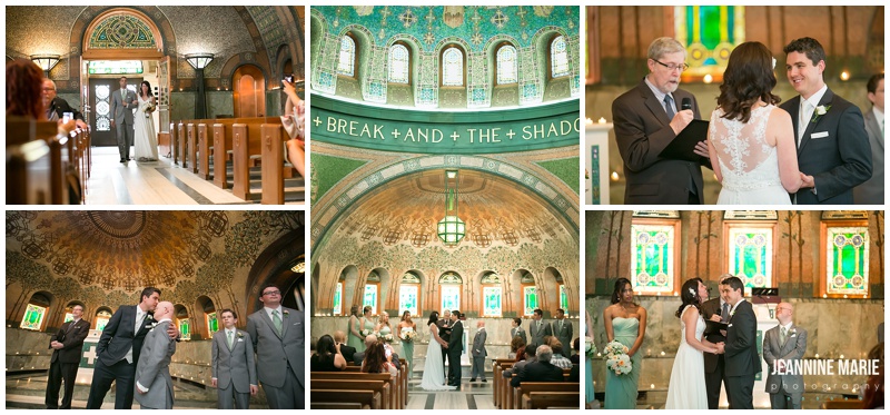 Lakewood Memorial Chapel, wedding, bride, groom, wedding guests, bridal party, pews, ceiling, art, church, chapel