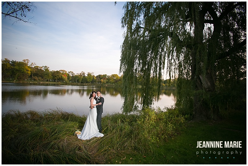Lakewood Memorial Chapel, bride, groom, tree, pond, grass, outside, nature, wedding, chapel