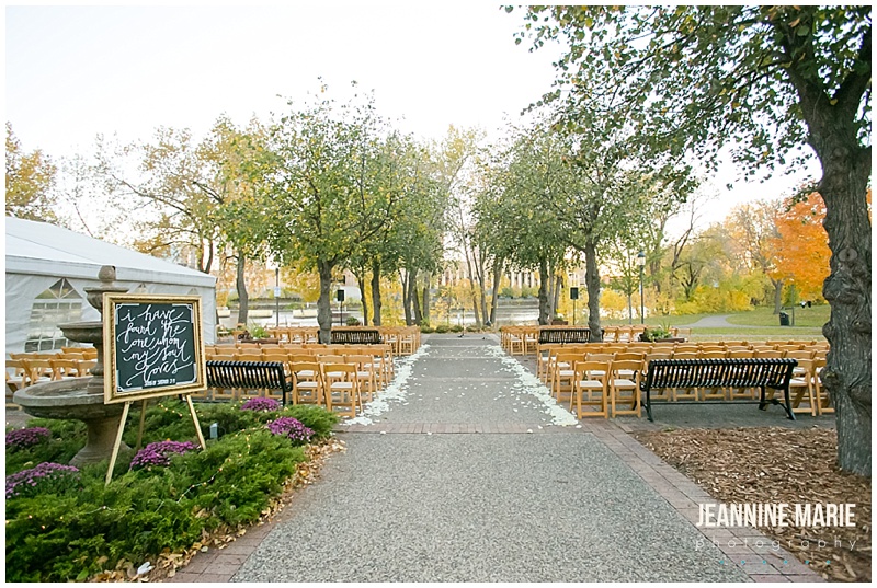 Nicollet Island Pavilion, ceremony, ceremony site, wedding, sign, wedding sign, outdoor, outside, trees
