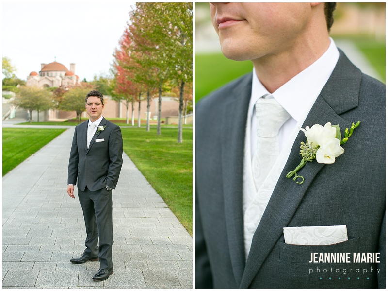 boutonniere, groom, Lakewood Memorial Chapel, wedding, gray suit