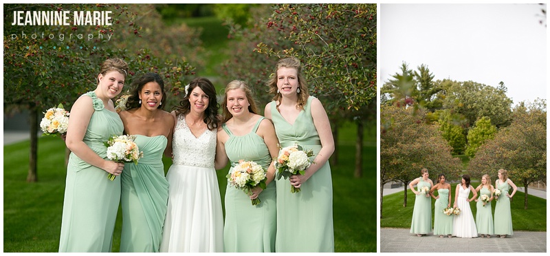 Lakewood Memorial Chapel, seafoam bridesmaids dresses, bridesmaids, bridesmaids bouquets, outside, trees, bride, bridal bouquet, flowers, wedding