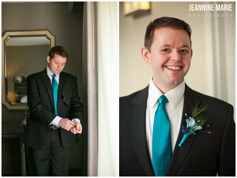 groom, getting ready, Embassy Suites St. Paul, blue wedding, winter wedding, boutonniere
