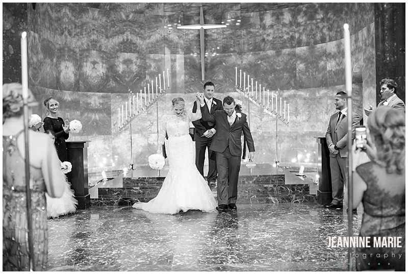 Nazareth Chapel, bride, groom, just married, smiles, wedding, church wedding, indoor wedding, winter wedding, Minnesota wedding