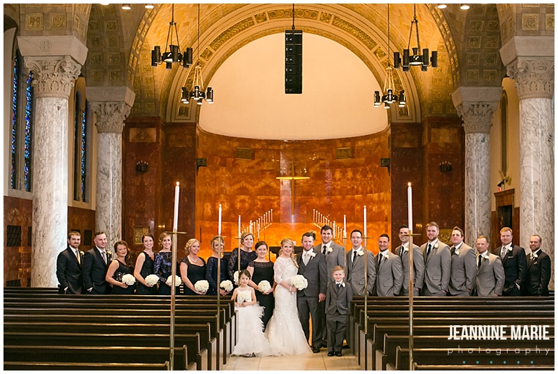 Nazareth Chapel, Northwest College, bride, groom, bridal party, portraits, bridesmaids, groomsmen, winter wedding, church wedding, Minnesota wedding