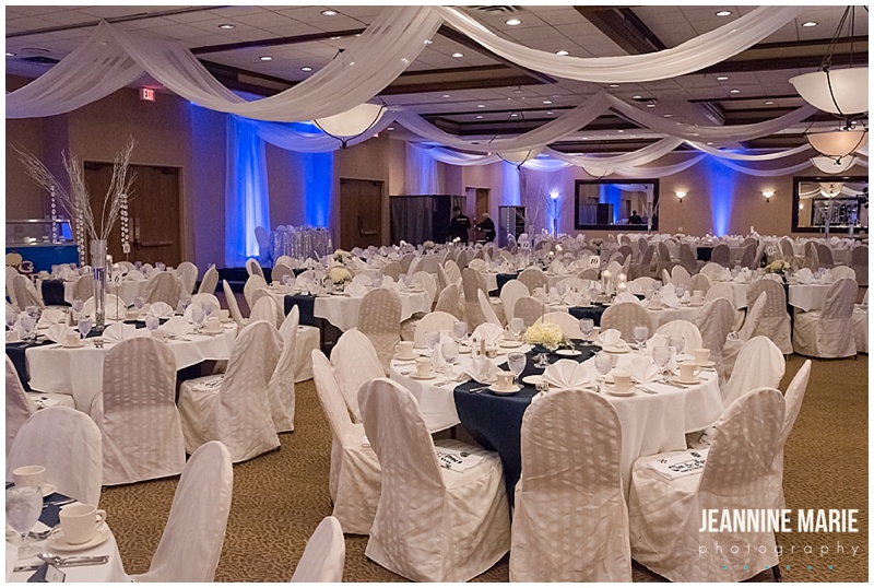 Ramada Plaza Minneapolis, wedding, wedding reception, linens, table, chairs, ceiling draping, We've Got It Covered