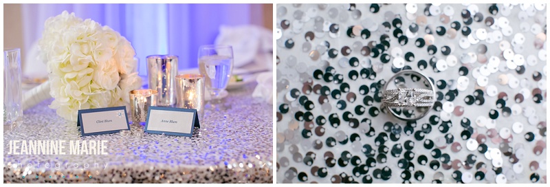 Ramada Plaza Minneapolis, winter wedding, sparkly linens, table, linens, sweetheart table, escort cards, bridal bouquet, sequin linens, navy wedding, rings, ring shots