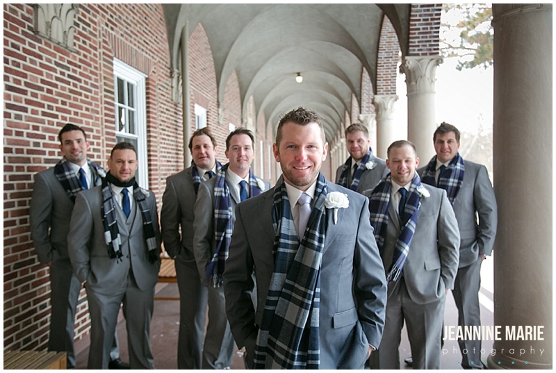 Nazareth Chapel, Northwestern College, groom, groomsmen, winter wedding, scarves, groom attire, gray suits