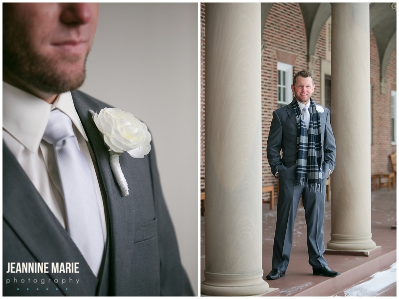 Nazareth Chapel, groom, boutonniere, Studio B Floral, gray suit, white boutonniere, navy and gray wedding, winter wedding, Minnesota wedding
