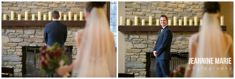 first look, Ohio wedding, Manor House, Carriage House, bride, groom, candles, fireplace, winter wedding