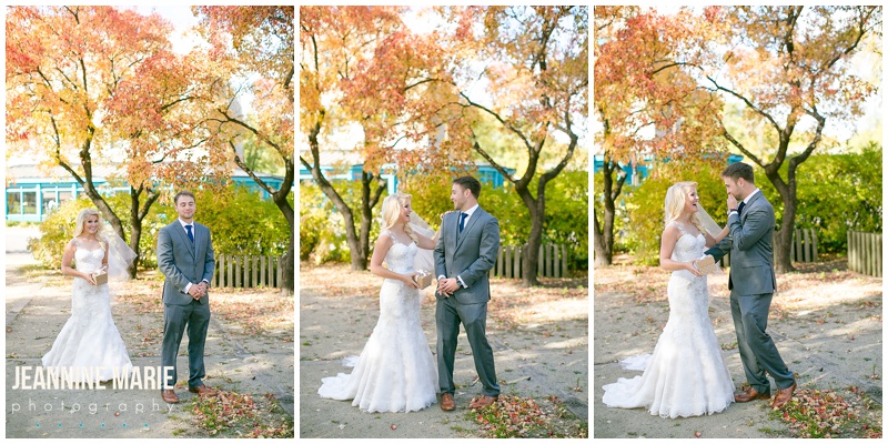 Nicollet Island Pavilion, fall wedding, Minnesota wedding, first look, bride, groom