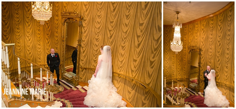 Saint Paul Hotel, bride, groom, first look, wedding, staircase, chandelier