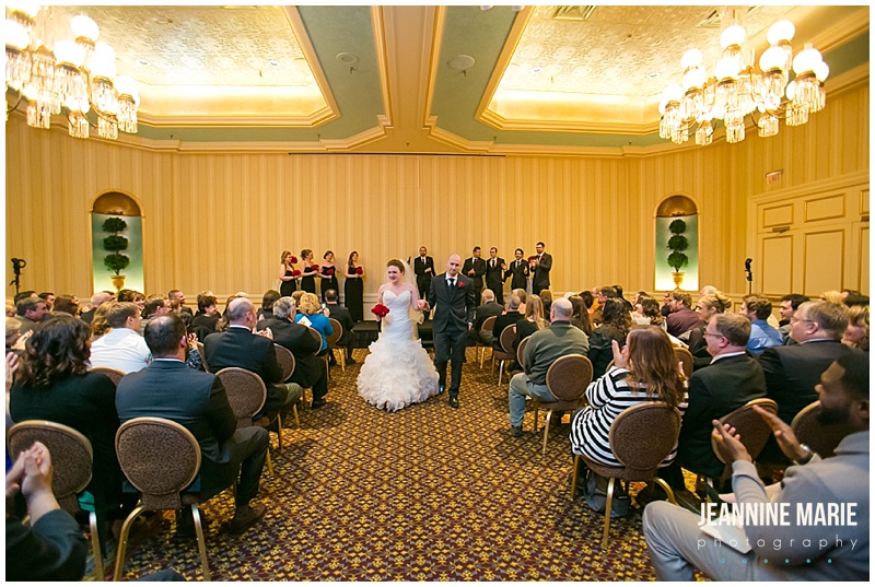 Wedding ceremony, Saint Paul Hotel, chandelier, bride, groom, wedding, winter wedding, black and red wedding, indoor wedding, hotel wedding