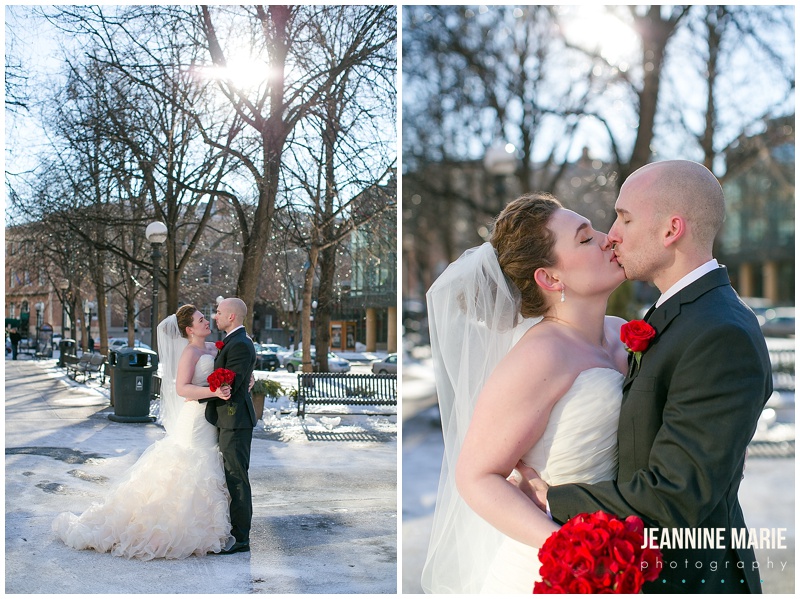 Saint Paul Hotel, winter wedding, Minnesota, bride, groom, red and black wedding, bridal bouquet, red roses