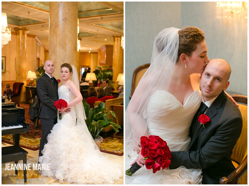 Saint Paul Hotel, bride, groom, wedding, bridal gown, wedding dress, boutonniere, bridal bouquet, red roses, flowers