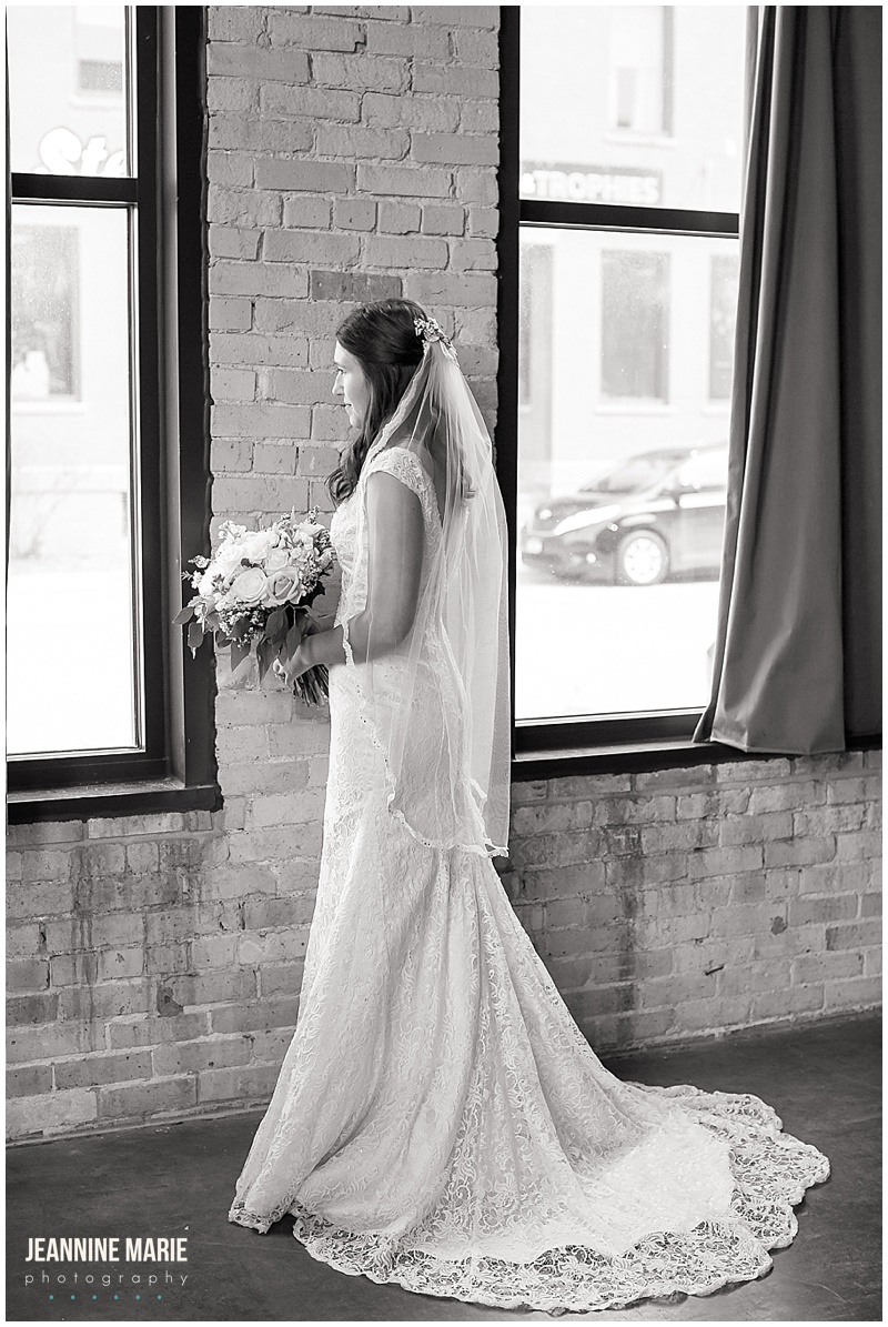 Bride, window, bridal portraits, spring wedding, indoor wedding, Duluth wedding, Clyde Iron Works