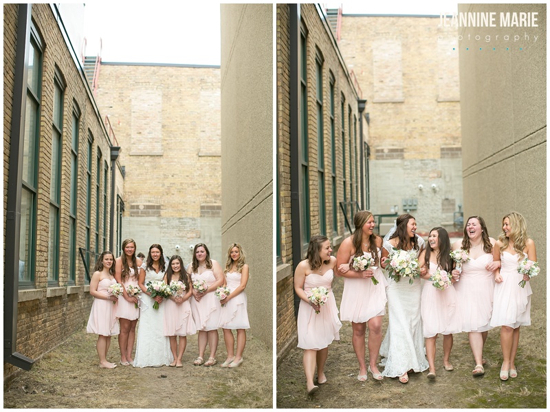 bridesmaids, pink bridesmaids dresses, bride, wedding gown, wedding dress, spring wedding, Duluth wedding, Clyde Iron Works