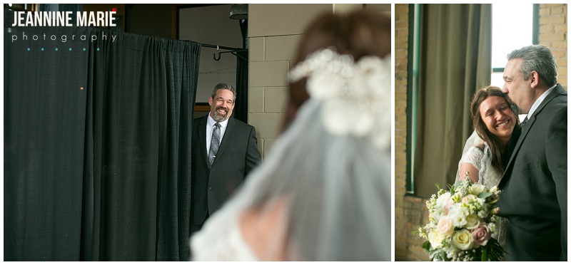 first look with dad, bride, father of the bride, wedding memories, Clyde Iron Works, Duluth wedding