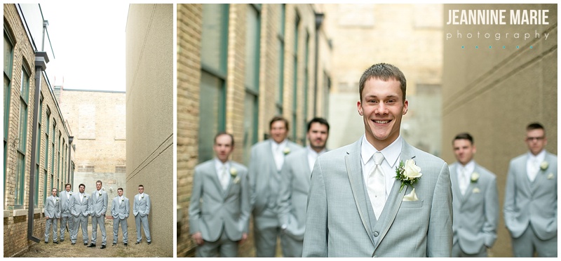 groom, groomsmen, spring wedding, gray suits, boutonnieres, spring flowers, wedding portraits, Clyde Iron Works