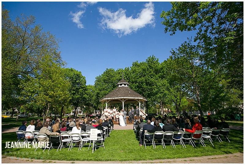 Chaska City Square, Chaska Minnesota wedding, outdoor wedding, summer wedding, groom, bride, wedding ceremony, wedding guests, Minnesota wedding
