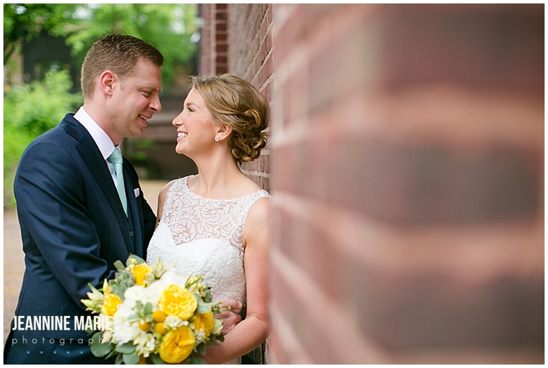 bride, groom, bridal bouquet, flowers, floral, wedding, yellow flowers, summer wedding, Minneapolis Event Center