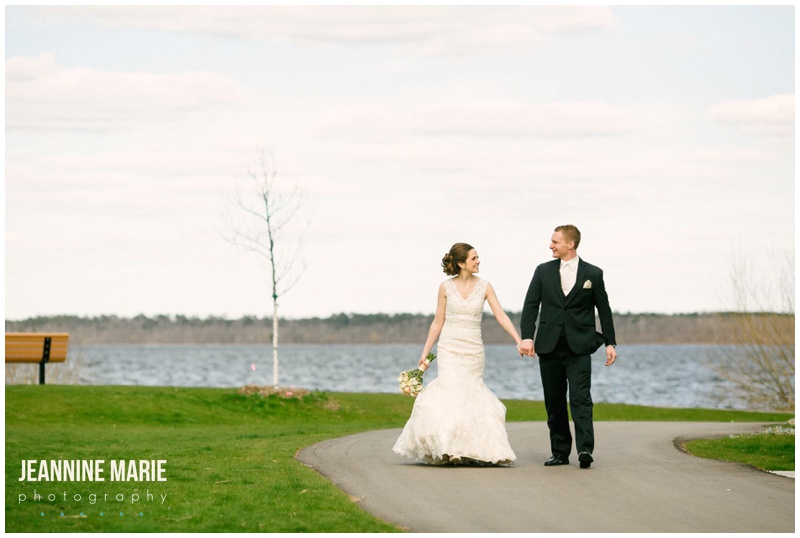 Bemidji wedding, bride, groom, lake, beach, grass, park, wedding gown, lace wedding dress, black suit, groom attire, wedding portraits, wedding photos, Minnesota wedding