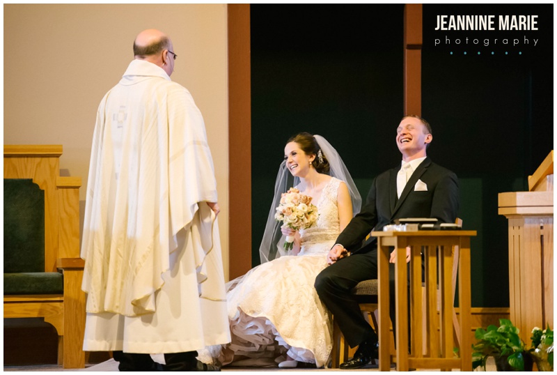 church wedding, religious wedding, wedding ceremony, bride, groom, laughing, wedding, Bemidji wedding, Minnesota wedding
