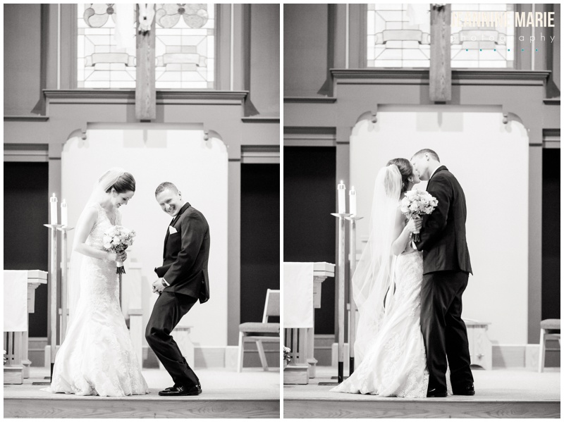 church wedding, Bemidji wedding, Minnesota wedding, indoor wedding, groom, bride, kiss, wedding ceremony 