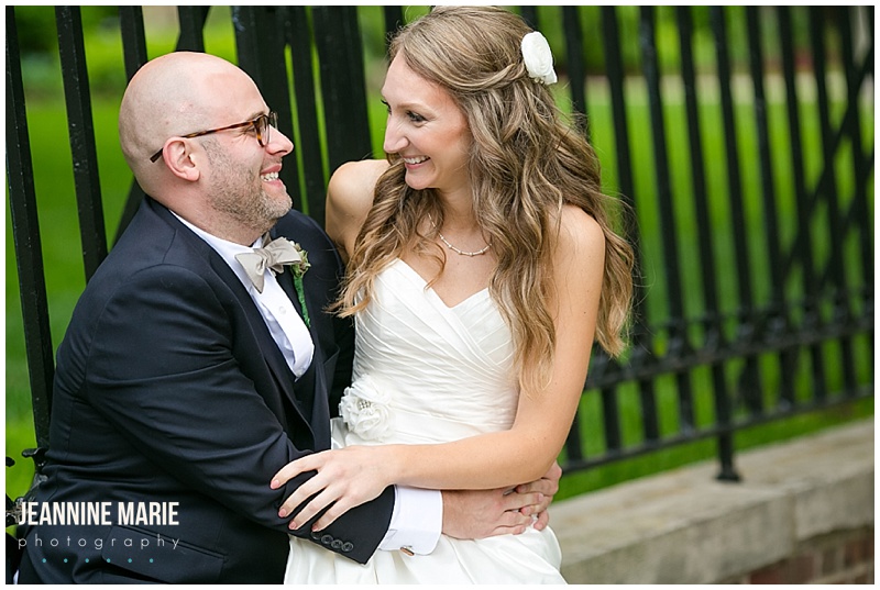 St. Paul College Club, bride, groom, fence, laugh, smiles, wedding gown, bridal hair