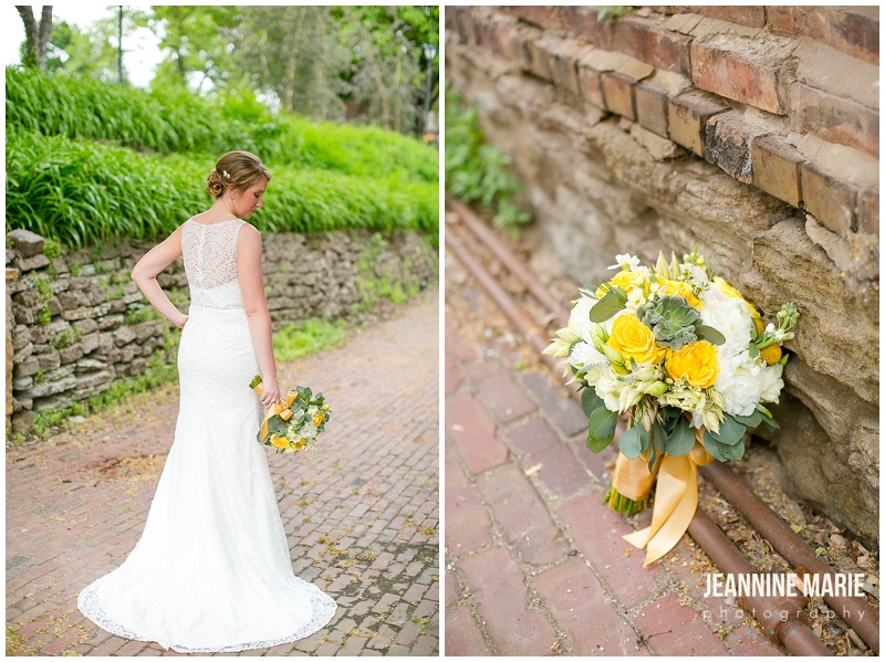 bride, wedding gown, bridal dress, wedding dress, bridal bouquet, yellow flowers, floral, flowers, bride, bridal hair, Minneapolis Event Center