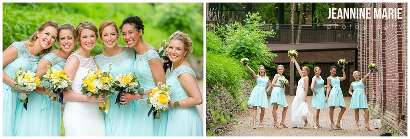 bridesmaids, bridesmaids bouquets, yellow flowers, summer wedding, wedding colors, blue and yellow wedding, blue bridesmaids, bridesmaids poses, Minneapolis Event Center, bridal hair, bridesmaids hair, bridesmaids makeup, bridal makeup