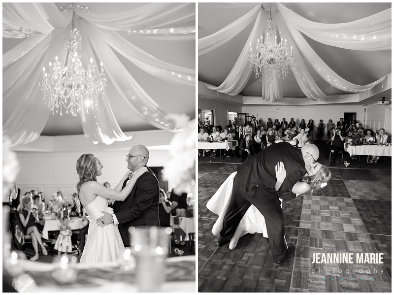 bride, groom, first dance, wedding, wedding reception, ceiling draping, chandelier, wedding decor, wedding inspiration, St. Paul College Club